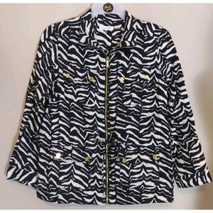 calvin klein Women Black White Gold Buttons Zebra Print‎ Linen Jacket Size M